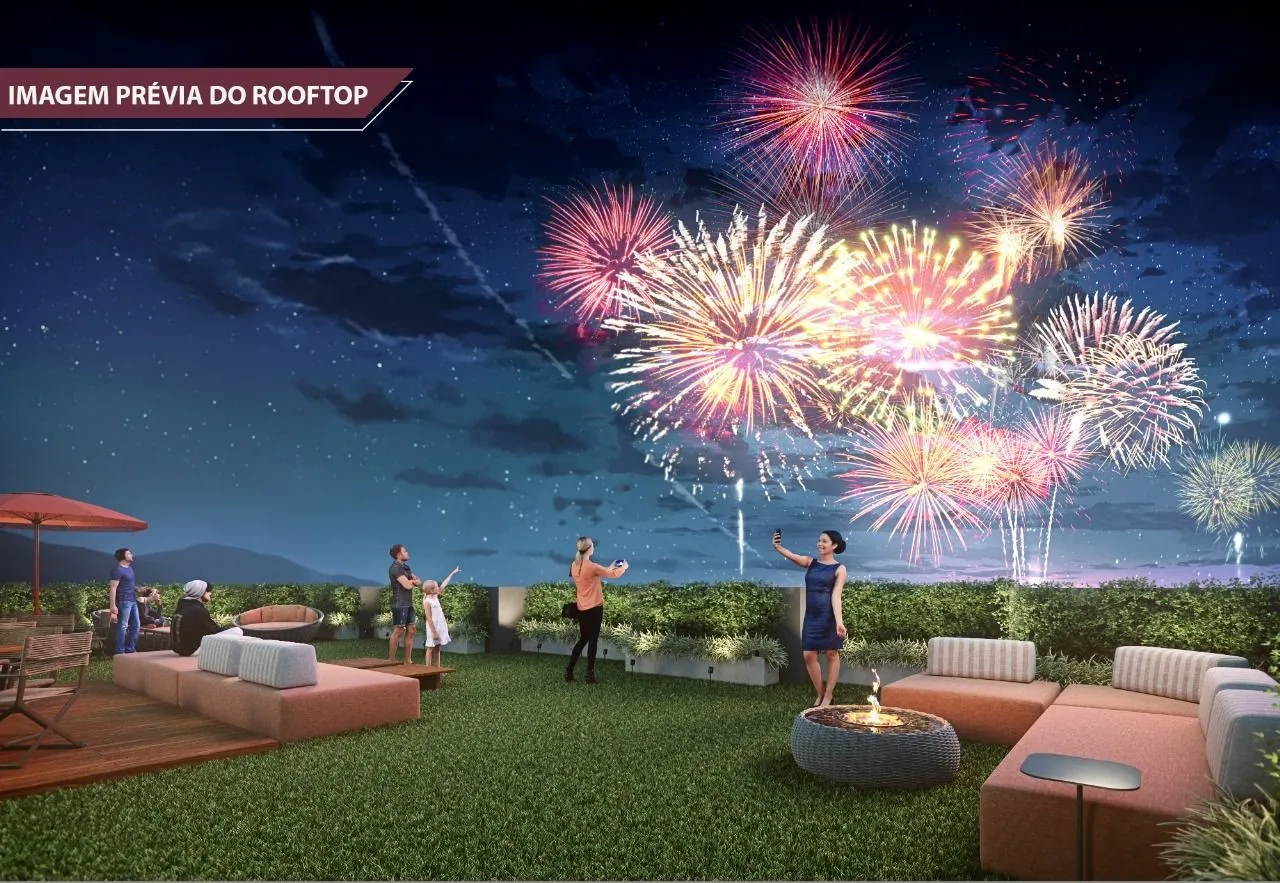 Vista do rooftop do Living Full Imagine com fogos de artifício